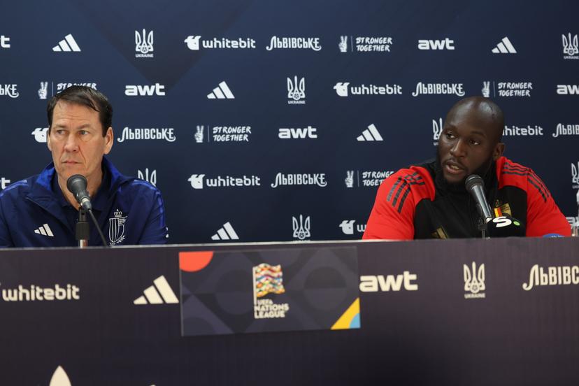 Belgium's head coach Rudi Garcia and Belgium's Romelu Lukaku pictured during a press conference of Belgian national soccer team the Red Devils, Wednesday 19 March 2025 in Murcia, Spain, ahead of tomorrow's game against Ukraine, in the Nations League group phase. BELGA PHOTO VIRGINIE LEFOUR