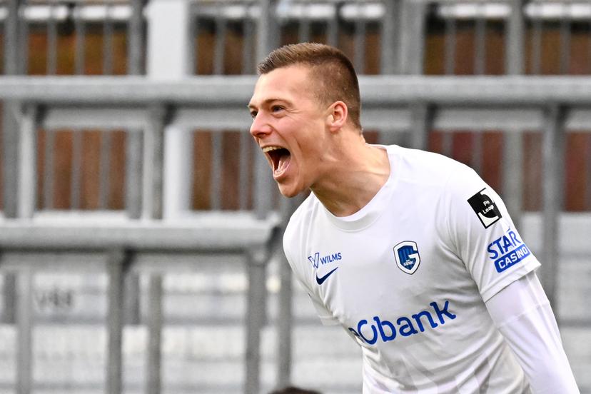 Genk's Daan Heymans celebrates after scoring the 0-2 goal during a soccer match between FCV Dender EH and KRC Genk, Sunday 01 February 2026 in Denderleeuw, on day 23 of the 2025-2026 'Jupiler Pro League' first division of the Belgian championship. BELGA PHOTO MAARTEN STRAETEMANS