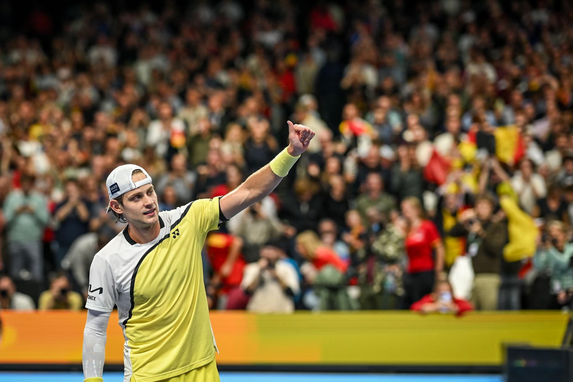 Zizou Bergs of Belgium celebrate after winning during the European Open ATP tennis tournament in Brussels, on 20 October. This year's edition of the tournament is taking place from 17 to 25 October BELGA PHOTO DAVID PINTENS