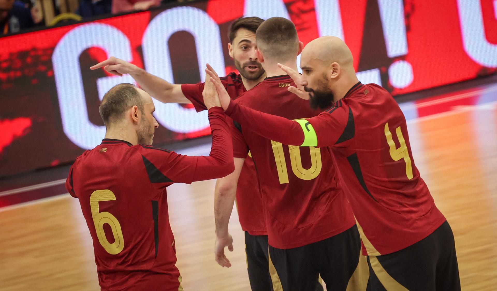 Belgium's Omar Rahou celebrates after scoring during a futsal game between Belgium and Czechia, in Roosdaal, on Wednesday 12 March 2025, the main round of qualification of the group 9 (match 5/6) for the Euro 2026. BELGA PHOTO VIRGINIE LEFOUR