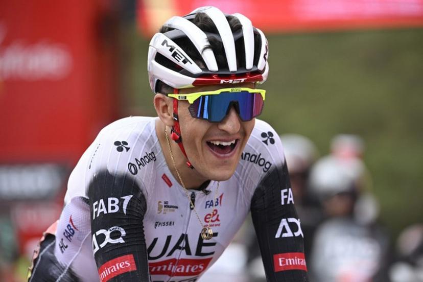 Team UAE's Spanish rider Marc Soler reacts to winning the 14th stage of the Vuelta a Espana cycling tour, a 135 km race between Aviles and La Farrapona in Somiedo, on September 6, 2025.    Miguel RIOPA / AFP