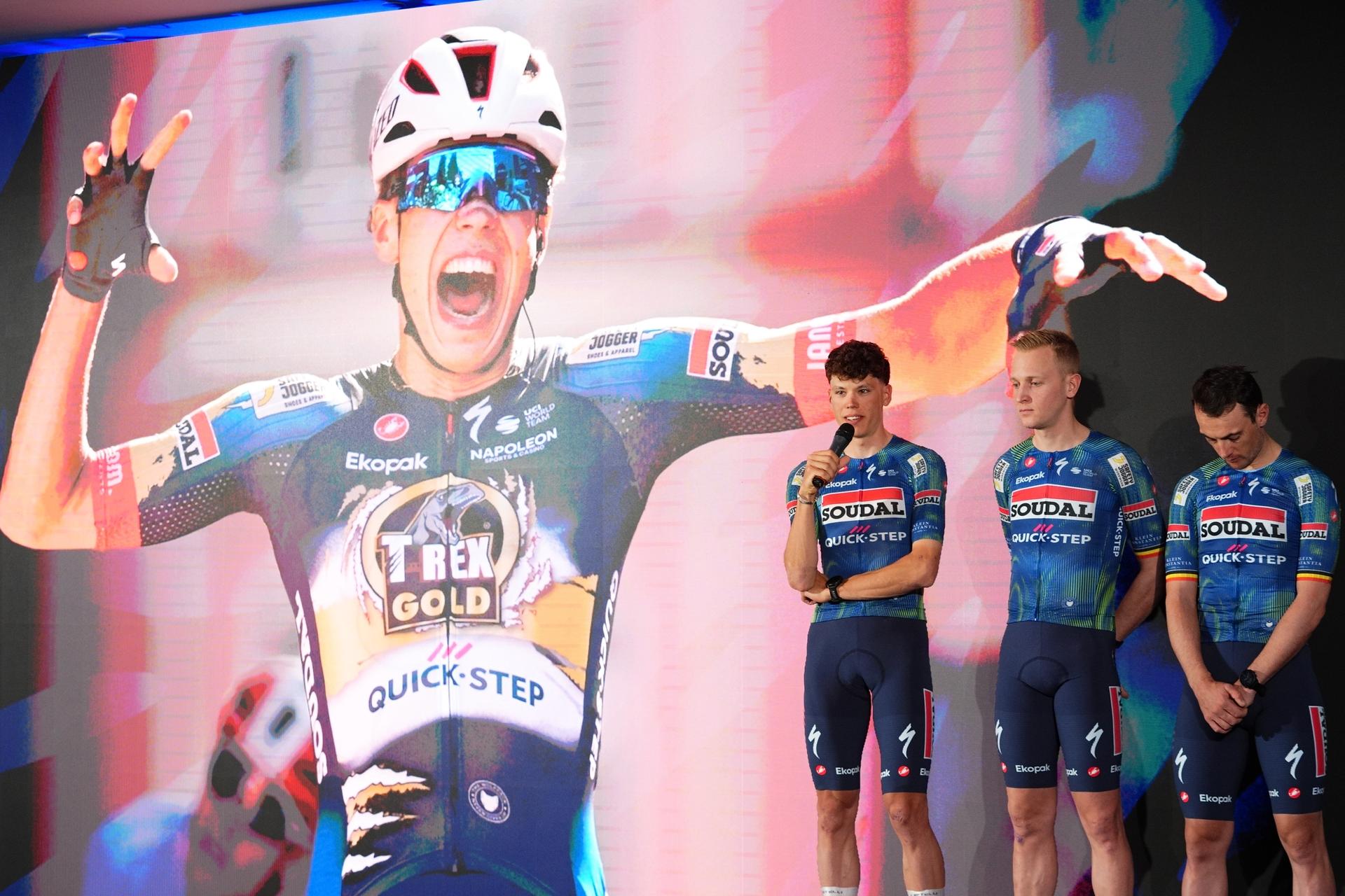 L-R, French Paul Magnier of Soudal Quick-Step, Belgian Tim Merlier of Soudal Quick-Step and Belgian Yves Lampaert of Soudal Quick-Step pictured during the team presentation of the Soudal Quick-Step cycling team in Calpe, Spain, Thursday 08 January 2026. BELGA PHOTO JOMA GARCIA