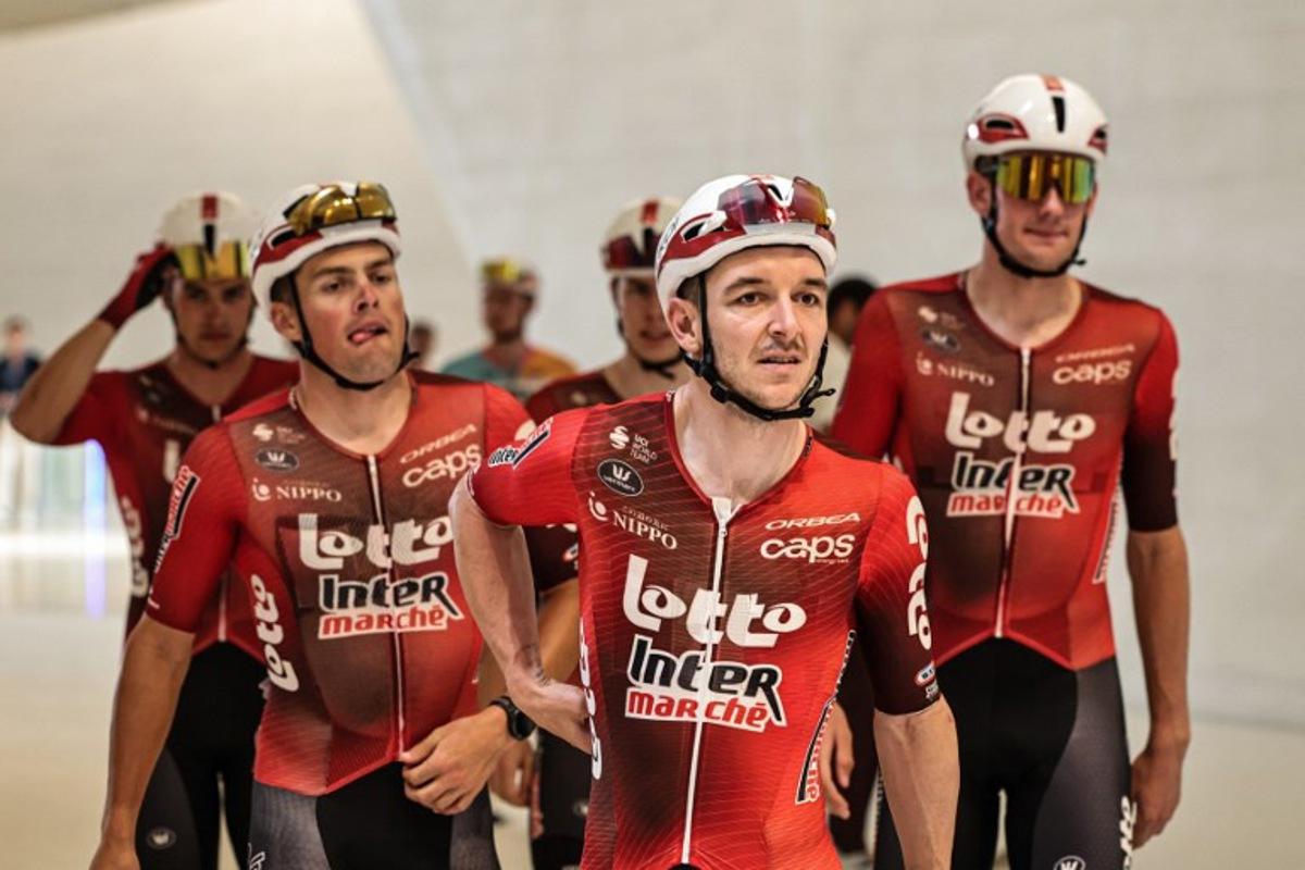 Team Lotto Intermarché's riders arrive at the Zayed National Museum ahead of the seventh and final stage of the UAE Tour cycling event from Zayed National Museum to Abu Dhabi Breakwater in Abu Dhabi on February 22, 2026.  Fadel SENNA / AFP