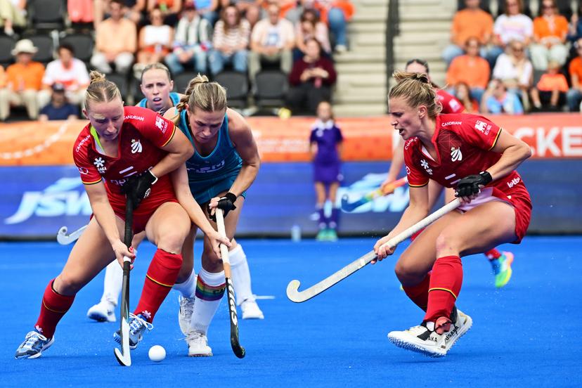 Belgium's Charlotte Englebert and Belgium's Alix Gerniers are pictured in action during a field hockey game between Belgian national team Red Panthers and Australië, at the women's 2026 Hockey World Cup, on Saturday 29 August 2026 in Amsterdam. The 2026 edition of the Hockey World Cup takes place in Belgium and The Netherlands from August 15 to August 30. BELGA PHOTO DIRK WAEM
