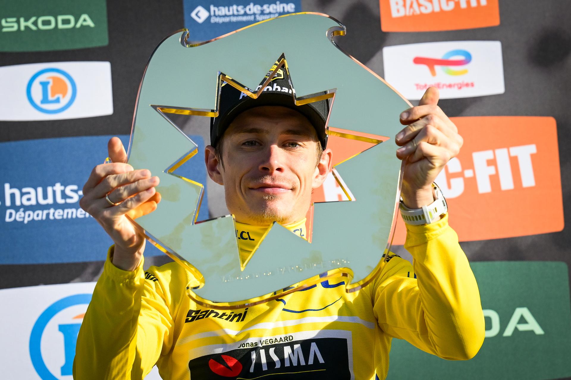 Danish Jonas Vingegaard of Team Visma-Lease a Bike pictured on the podium after winning the general classification after the final stage of 84th edition of the Paris-Nice cycling race, a race from Nice to Nice (129,2 km), on Sunday 15 March 2026. BELGA PHOTO DAVID PINTENS