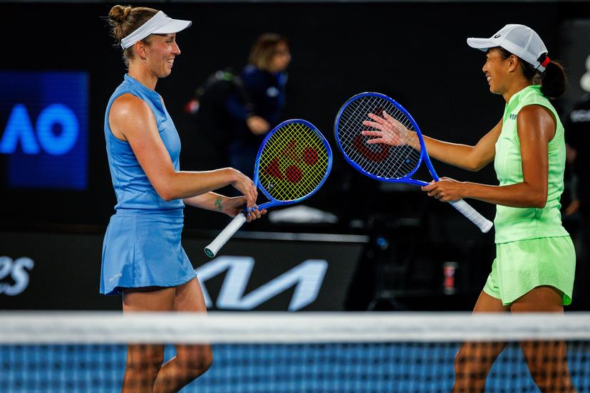 Belgian Elise Mertens and Chinese Zhang Shuai celebrate at a doubles tennis match against Japan/Neutral pair Shibahara-Zvonareva, in the semi-finals of the women doubles at the Australian Open, Melbourne Park, Melbourne on Thursday 29 January 2026. Mertens - Zhang won the game 6-3, 6-2. BELGA PHOTO PATRICK HAMILTON  --- BENELUX ONLY   ---