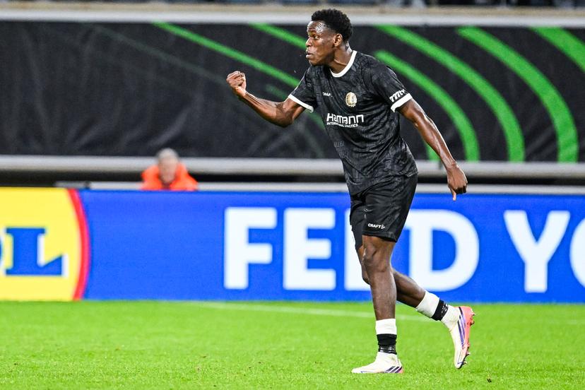 Gent's Hyllarion Goore celebrates after scoring during a soccer game between Belgian KAA Gent and Danish Aarhus GF, Thursday 15 October 2026 in Gent, the opening match of the UEFA Conference League league phase. BELGA PHOTO TOM GOYVAERTS