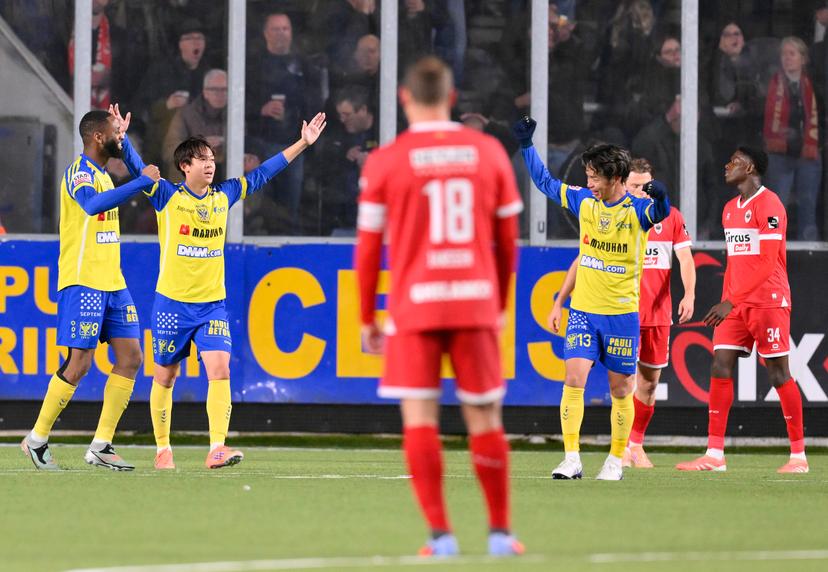 STVV's Ryotaro Ito celebrates during a soccer match between Sint-Truidense V.V. and Royal Antwerp FC, Sunday 02 November 2025 in Sint-Truiden, on day 13 of the 2025-2026 'Jupiler Pro League' first division of the Belgian championship. BELGA PHOTO JOHN THYS