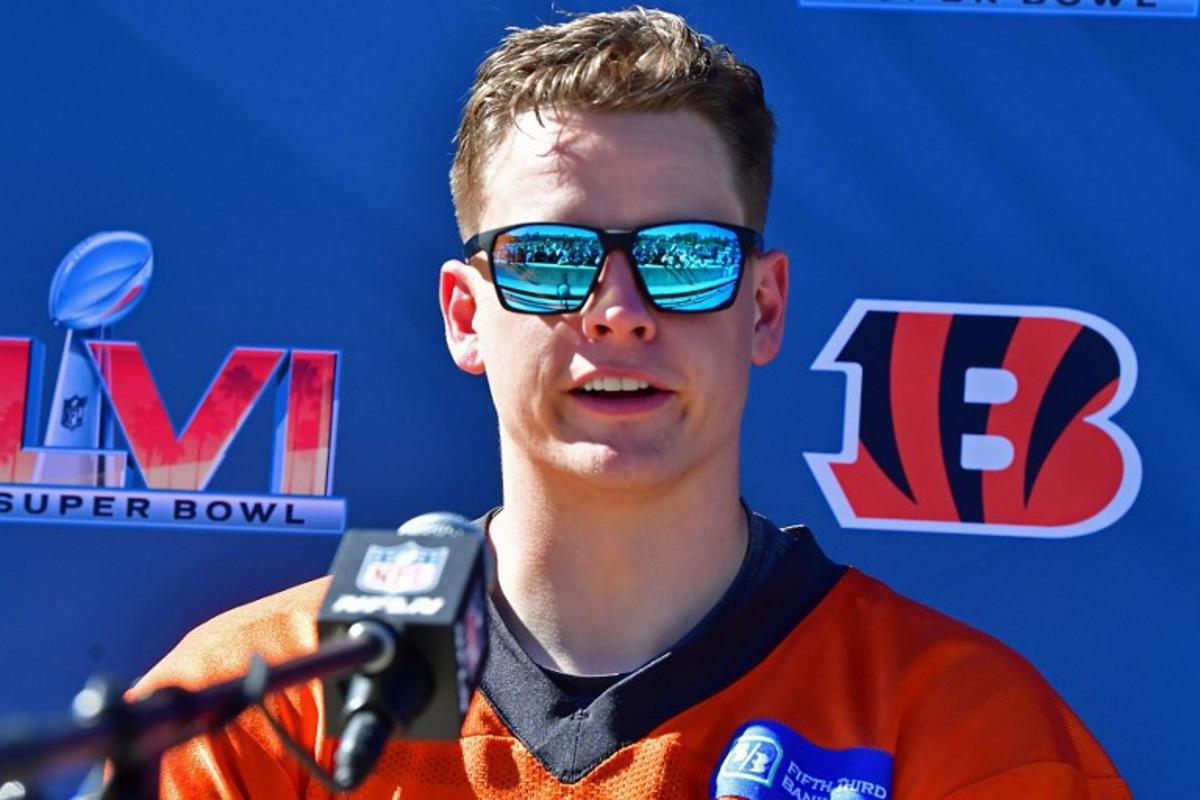 Cincinnati Bengals' quarterback Joe Burrow speaks during a media availabilty at UCLA ahead of Super Bowl LVI against the Los Angeles Rams in Los Angeles, California on February 11, 2022.   Frederic J. Brown / AFP