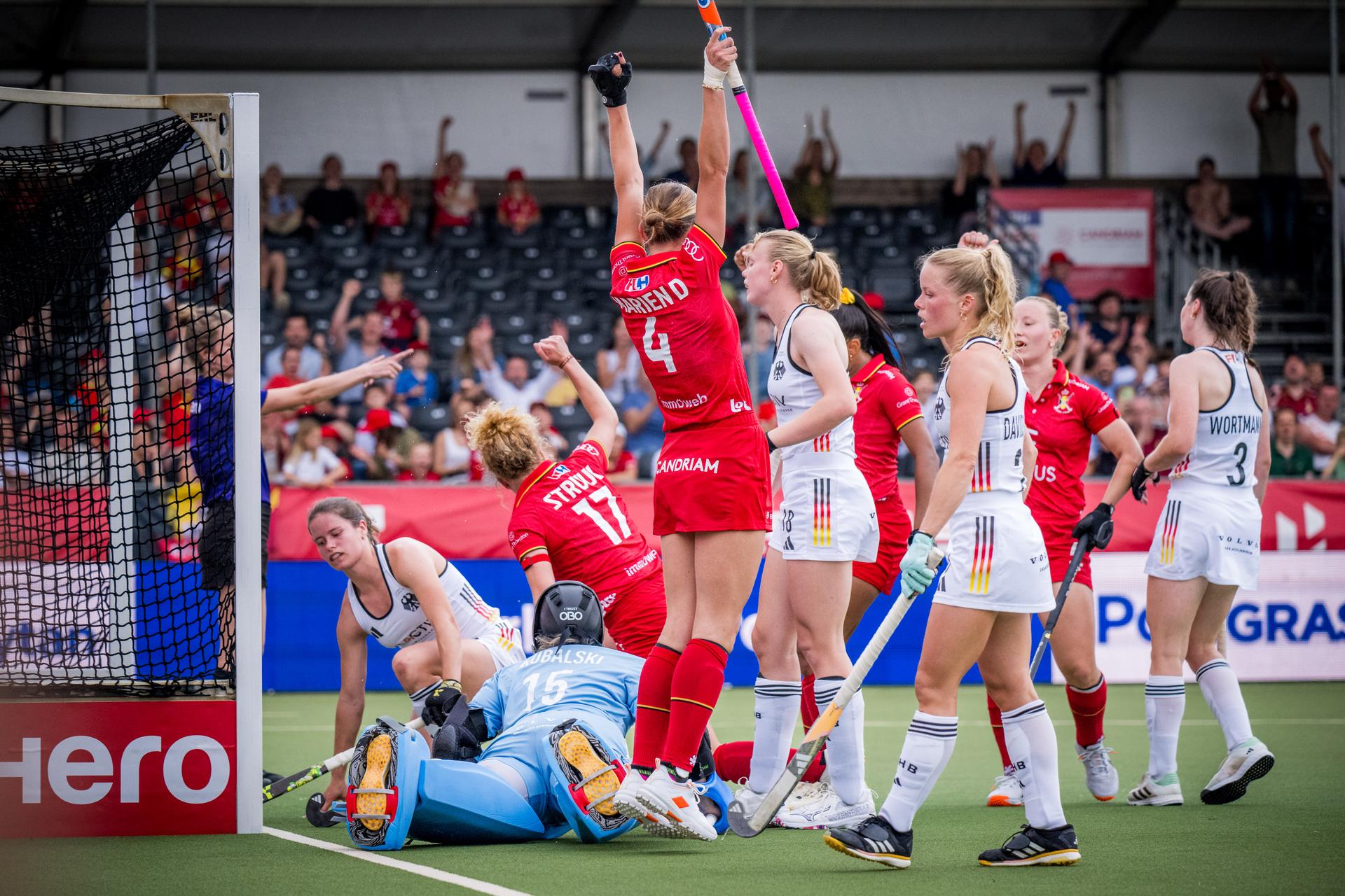 Belgium's Michelle Struijk and Belgium's Delphine Marien celebrate after scoring during a hockey game between Belgian national team Red Panthers and Germany, match 9/16 in the group stage of the 2025 women's FIH Pro League, Saturday 14 June 2025, in Antwerp. BELGA PHOTO JASPER JACOBS