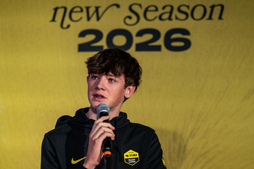 Belgian Matisse Van Kerckhove pictured during the team presentation of the Team Visma-Lease a Bike cycling team in Alicante, Spain, Tuesday 13 January 2026. BELGA PHOTO DAVID PINTENS