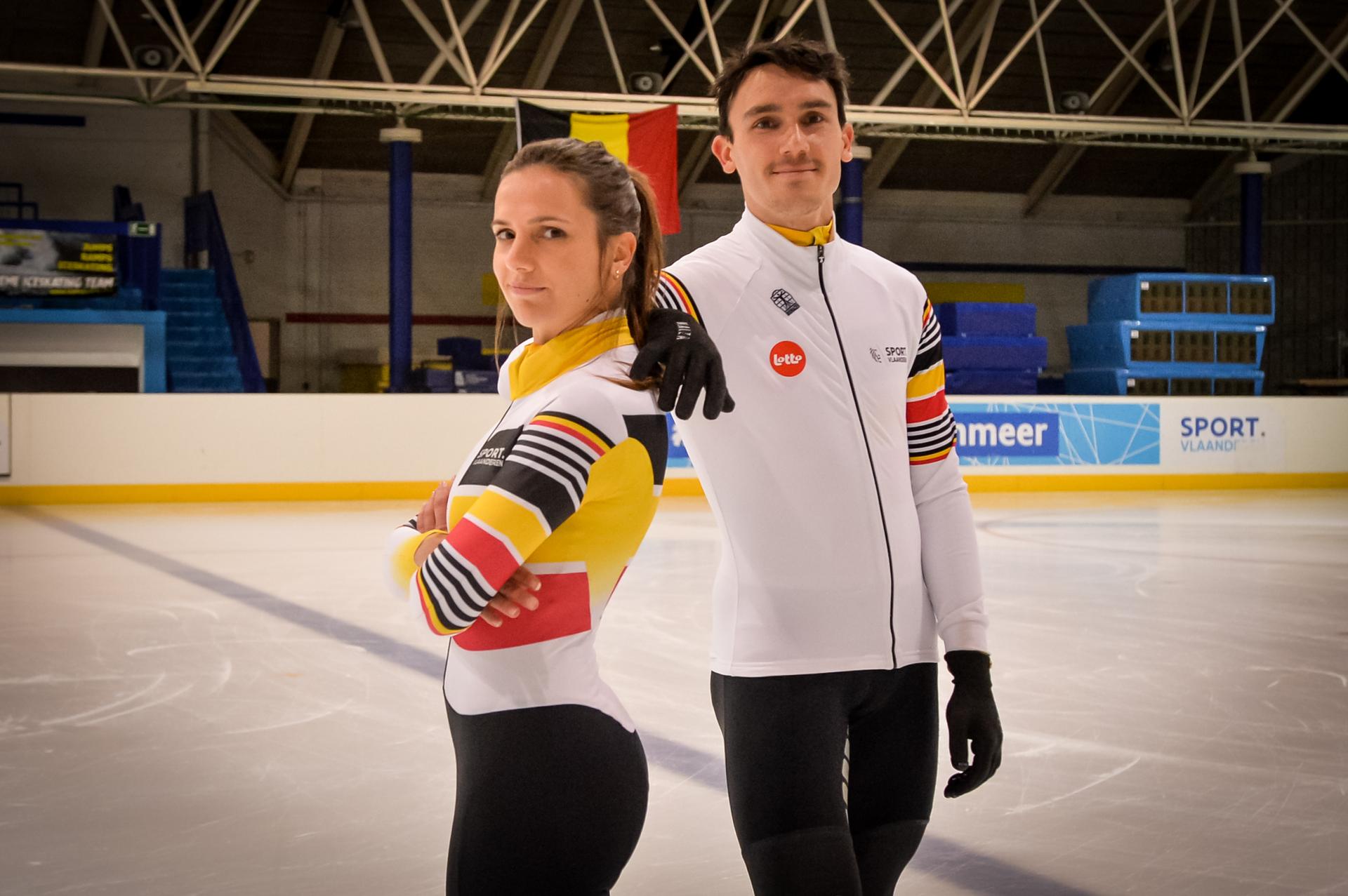 Belgian shorttrack skater Hanne Desmet and Belgian shorttrack skater Stijn Desmet pose for the photographer during a training session of Belgian shorttrack skaters in Hasselt, Thursday 18 May 2023. BELGA PHOTO JILL DELSAUX