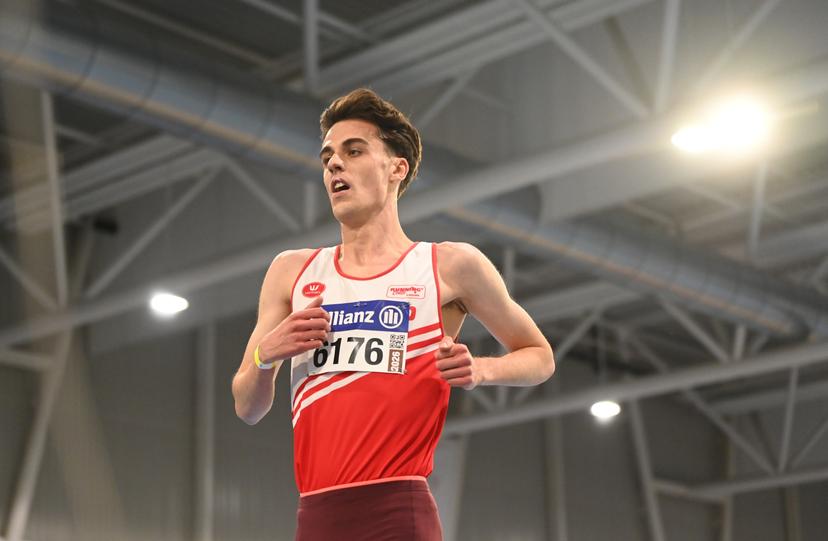 Belgian Pieter Sisk reacts after winning the men 3000m race, at the Belgian indoor athletics championships, on Sunday 01 March 2026 in Louvain-la-Neuve. BELGA PHOTO ELIAS ROM
