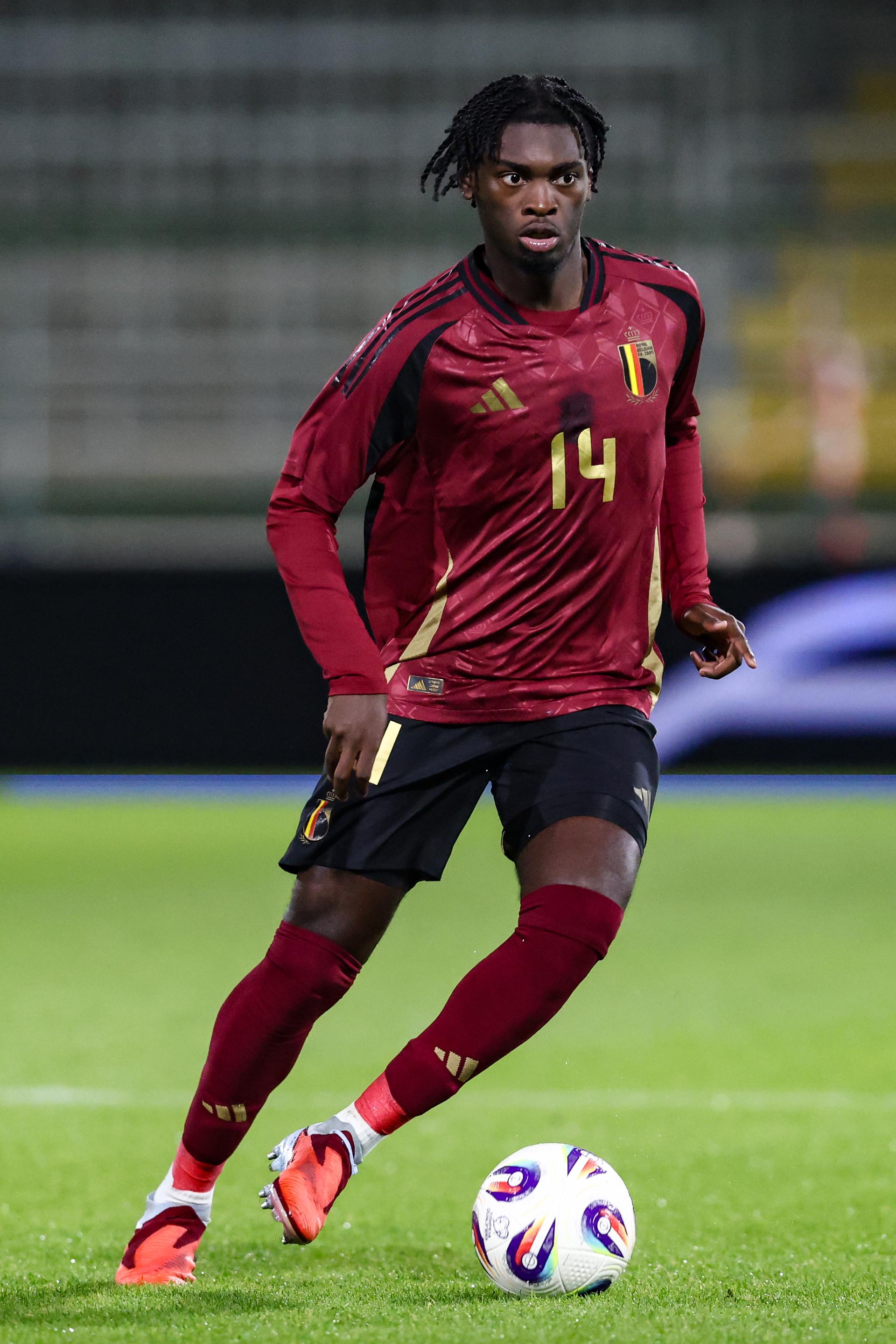 Belgium's Jorthy Mokio pictured in action during a soccer game between the U21 youth team of the Belgian national team Red Devils and the U21 of Denmark, in Westerlo, on Tuesday 14 October 2025, game 3 (out of 8) of the qualifications for the 2027 UEFA European Under21 Championship. BELGA PHOTO BRUNO FAHY