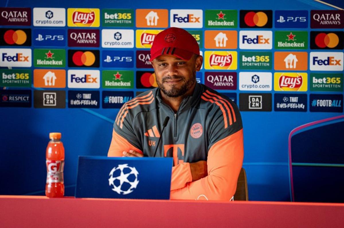 This handout photo provided by German first division football club FC Bayern Munich and taken on September 16, 2025 shows Bayern Munich's Belgian head coach Vincent Kompany  addressing a press conference in Munich, southern Germany, ahead of the team's UEFA Champions League football match against Chelsea FC on September 17.   Handout / BAYERN MUNICH / AFP