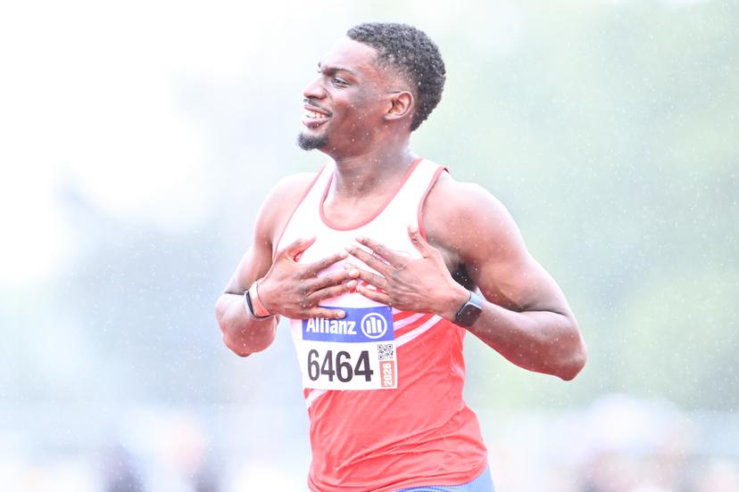 Belgian Elie Bacari celebrates as he crosses the finish line to win the Belgian athletics championships, Sunday 26 July 2026 in Kessel-Lo, Leuven. BELGA PHOTO JILL DELSAUX