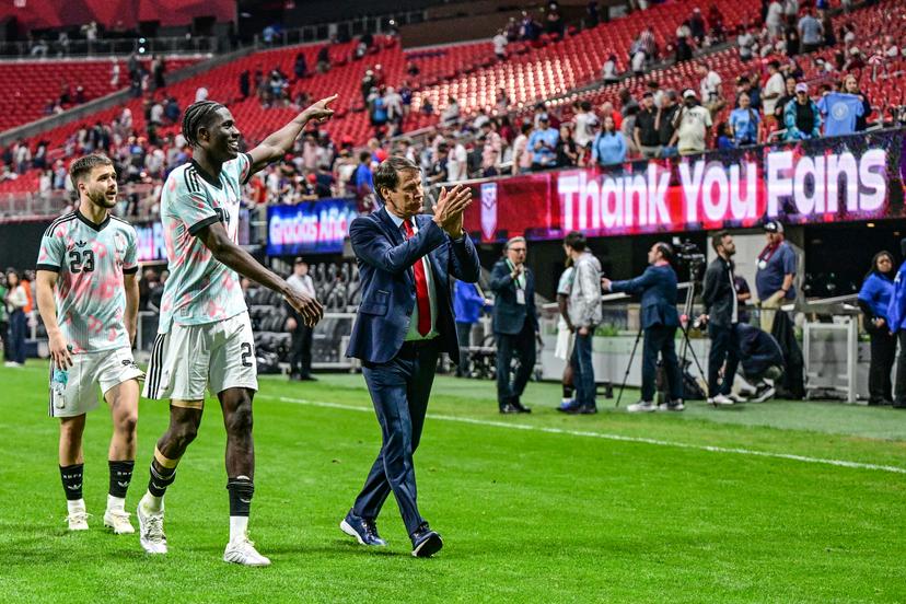 Belgium's Nicolas Raskin, Belgium's Amadou Onana and Belgium's head coach Rudi Garcia pictured after a friendly soccer game between the United States national team and Belgian national soccer team Red Devils in Atlanta, on Saturday 28 March 2026, in preparation for the 2026 World Cup. BELGA PHOTO DIRK WAEM