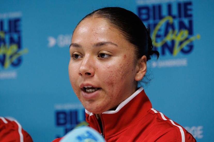 Belgian Sofia Costoulas pictured during a press conference of Belgian team ahead of the meeting between Belgium and USA, in the qualifiers of the Billie Jean King Cup tennis, in Oostende, Belgium, on Tuesday 07 April 2026. The game will be played on 10 and 11th April. PHOTO KURT DESPLENTER