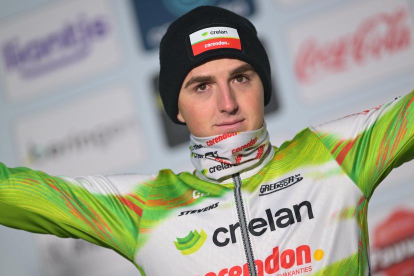 Belgian Emiel Verstrynge celebrates his second place on the podium after the Elite men race at the Belgian Cyclocross Championships in Beringen on Sunday 11 January 2026. BELGA PHOTO DAVID PINTENS