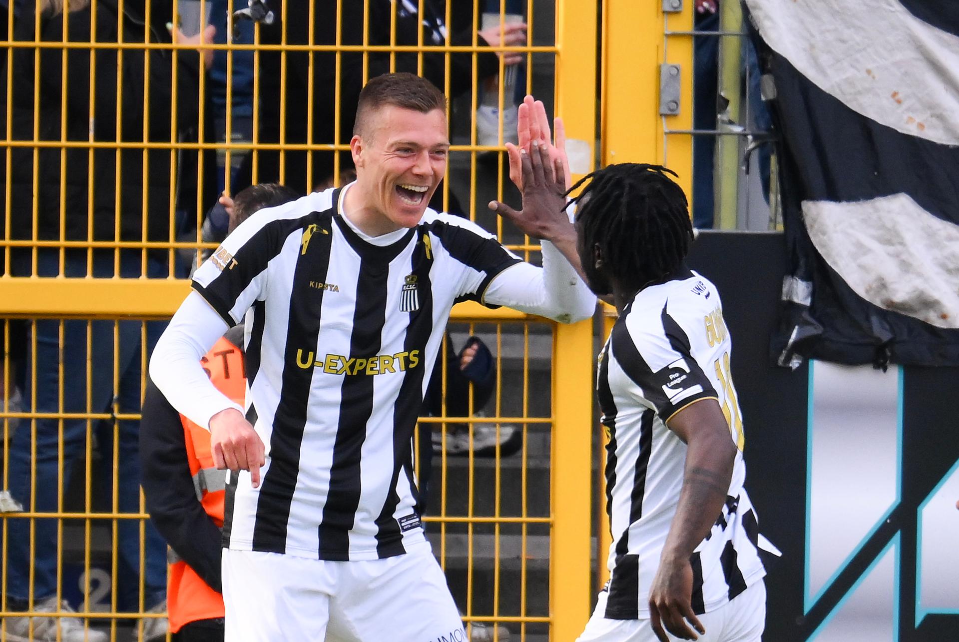Charleroi's Daan Heymans celebrates after scoring during a soccer match between Sporting Charleroi and KV Mechelen, Saturday 19 April 2025 in Charleroi, on day 4 (out of 10) of the Europe Play-offs of the 2024-2025 'Jupiler Pro League' first division of the Belgian championship. BELGA PHOTO JOHN THYS