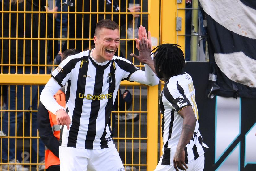 Charleroi's Daan Heymans celebrates after scoring during a soccer match between Sporting Charleroi and KV Mechelen, Saturday 19 April 2025 in Charleroi, on day 4 (out of 10) of the Europe Play-offs of the 2024-2025 'Jupiler Pro League' first division of the Belgian championship. BELGA PHOTO JOHN THYS