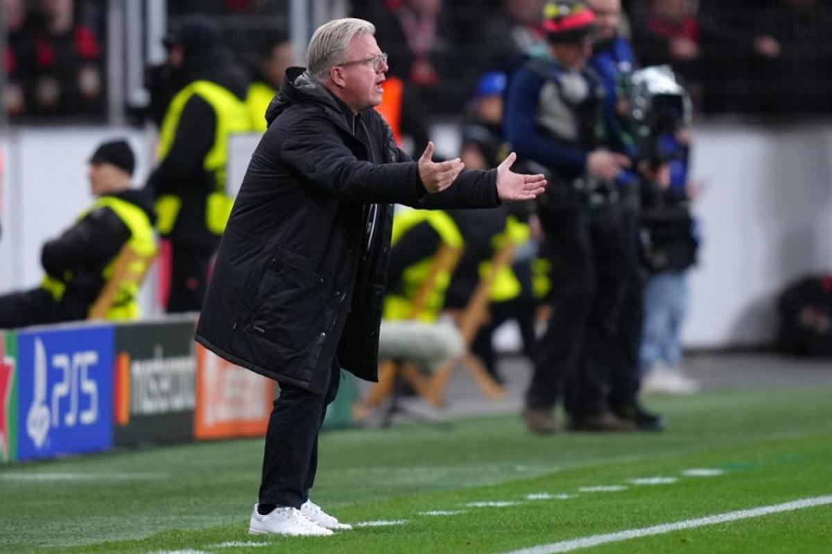 Sparta Praha's Danish head coach Lars Friis reacts during the UEFA Champions League football match between Bayer 04 Leverkusen and Sparta Prague in Leverkusen, western Germany on January 29, 2025.  Pau BARRENA / AFP