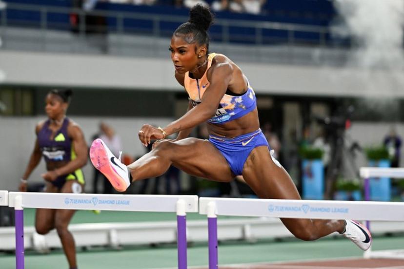 USA's Masai Russell competes in the women's 100m hurdles event during the Shanghai/Keqiao Diamond League athletics meeting in Keqiao, Shaoxing in China's eastern Zhejiang province on May 16, 2026.  WANG Zhao / AFP