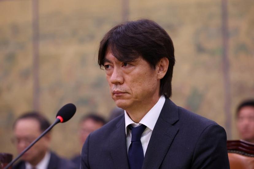 Former South Korean men's national team head coach Hong Myung-bo attends the hearing on the Korea Football Association (KFA) over a controversy surrounding its management at the National Assembly in Seoul on July 30, 2026.  Hong, a former national team defender, resigned on July 26, after South Korea finished the World Cup 2026 group stage with one win and two losses, dashing hopes of a deep run led by captain Son Heung-min. Chung Sung-Jun / POOL / AFP