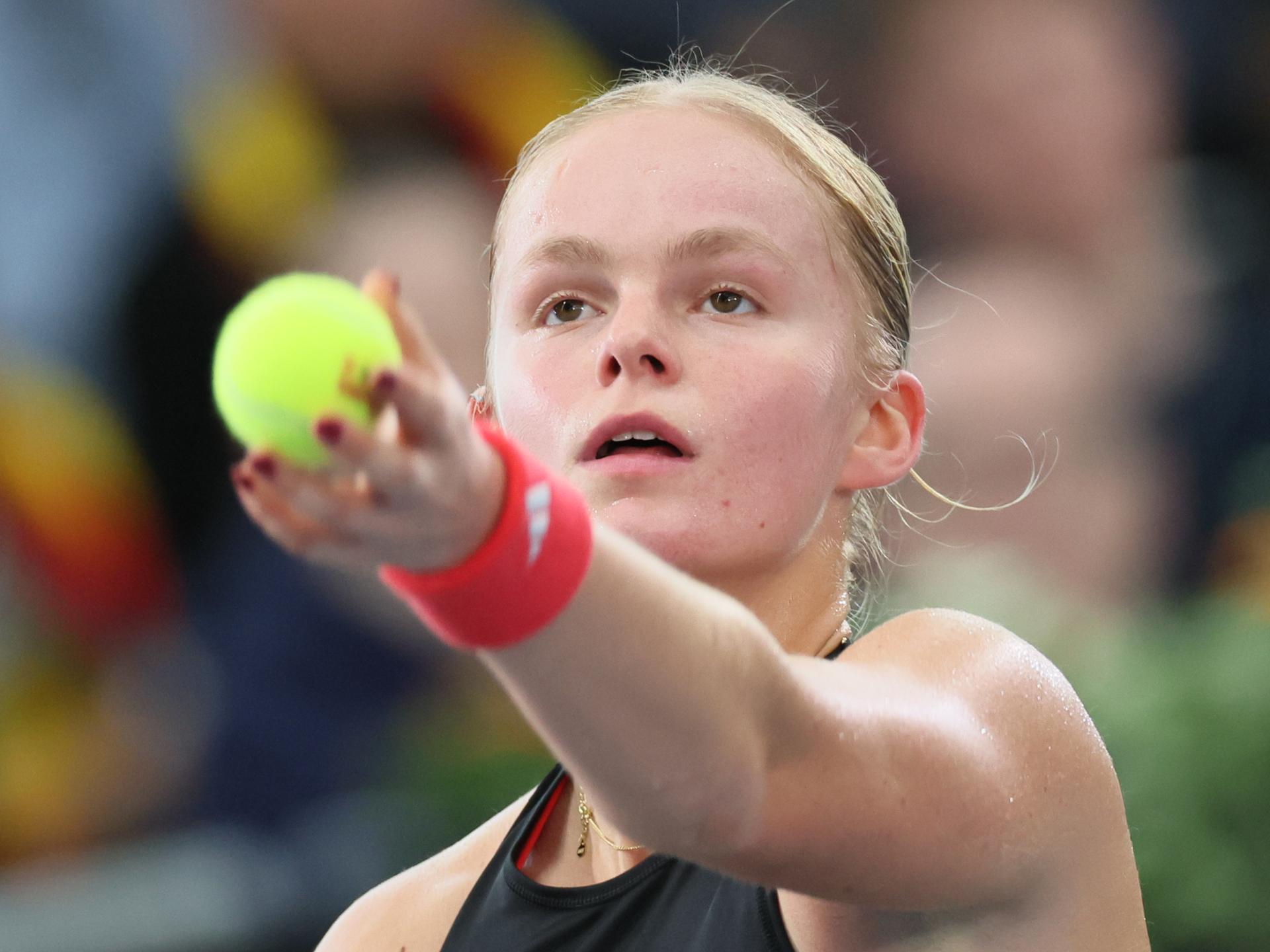 Belgian Jeline Vandromme pictured during the first game between Belgian Vandromme and German Friedsam in the Billie Jean King Cup Play-offs, between Belgium and Germany, on Sunday 16 November 2025 in Ismaning, Germany. PHOTO BENOIT DOPPAGNE