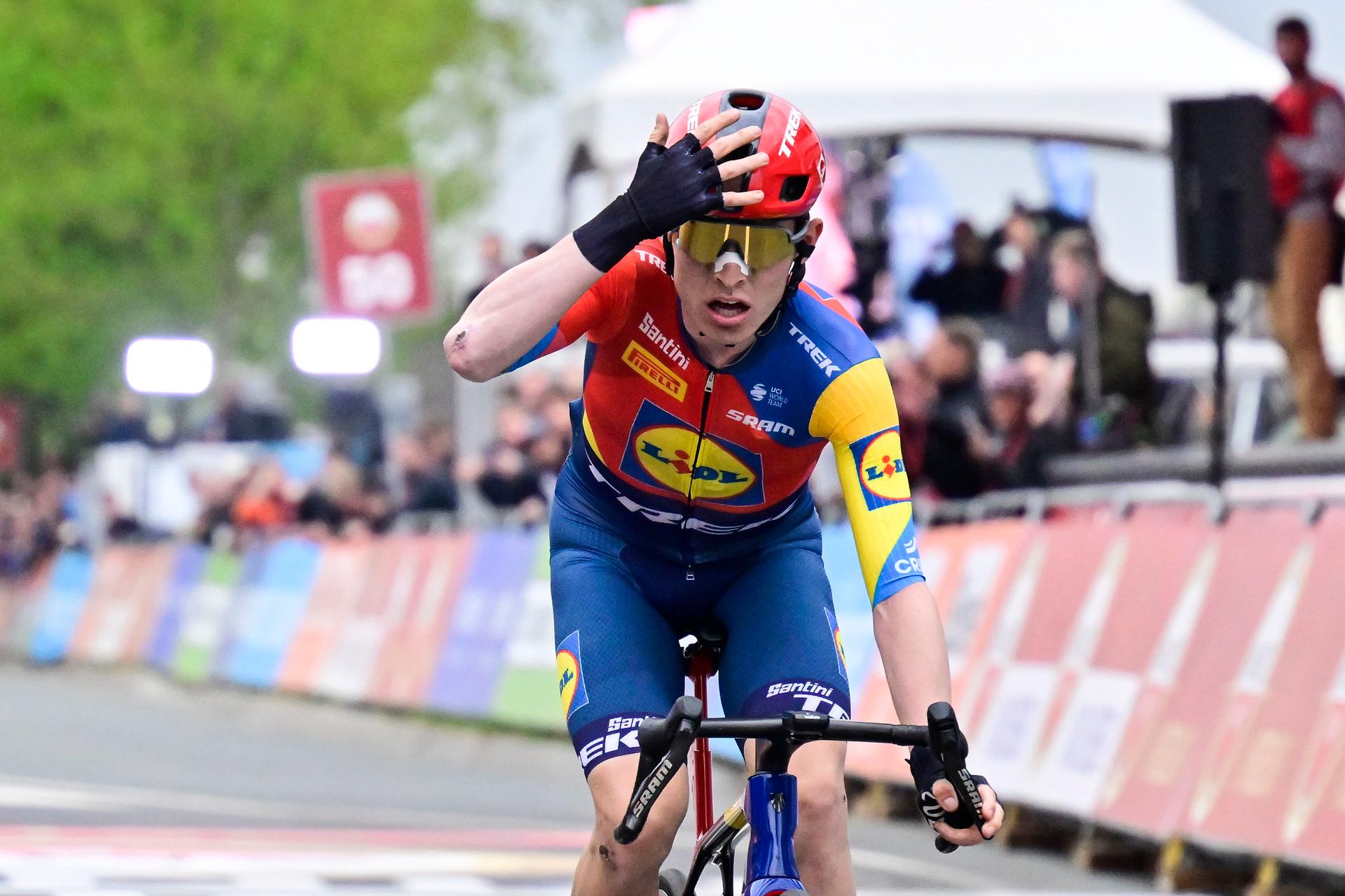 Danish Mattias Skjelmose Jensen of Lidl-Trek wins the men elite 'Amstel Gold Race' one day cycling race, 255,9 km from Maastricht to Valkenburg, The Netherlands, Sunday 20 April 2025. BELGA PHOTO DIRK WAEM
