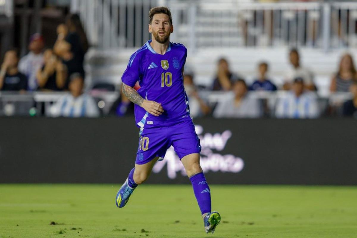 Argentina's forward #10 Lionel Messi reacts during the international friendly football match between Argentina and Puerto Rico at Chase Stadium in Fort Lauderdale, Florida, on October 14, 2025.  Chris Arjoon / AFP