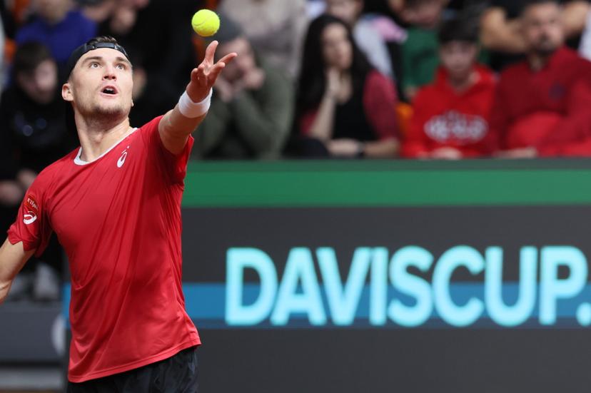 Belgian Raphael Collignon pictured in action during a tennis match against Bulgarian Vasilev, during the qualifier of the Davis Cup on Saturday 07 February 2026, in Plovdiv, Bulgaria. Belgium will compete this weekend in the Davis Cup qualifiers against Bulgaria. BELGA PHOTO BENOIT DOPPAGNE