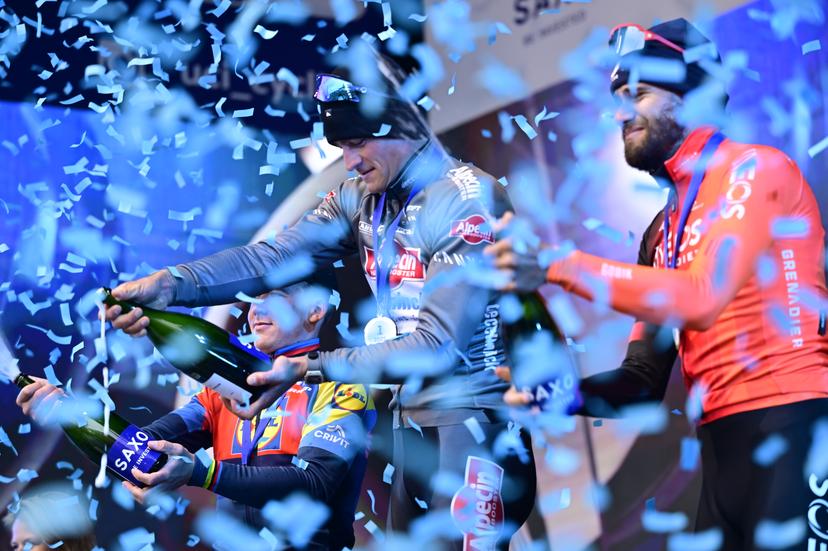 Austrian Tobias Bayer of Alpecin-Deceuninck, Dutch Mathieu van der Poel of Alpecin-Deceuninck and Belgian Xandro Meurisse of Alpecin-Deceuninck pictured on the podium after the 'E3 Saxo Bank Classic' one day cycling race, 208,8 km from and to Harelbeke, on Friday 28 March 2025. BELGA PHOTO DIRK WAEM