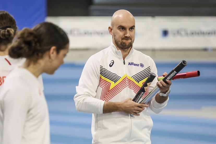 Team Belgium athletics coach Bram Peters pictured during a training session of the men's and mixed 4x400m teams for the World Indoor Athletics Championships, in Louvain-La-Neuve, on Friday 13 March 2026. The World Indoor Athletics Championships take place in Kujawy-Pomorze, Poland from 20 to 22 March. BELGA PHOTO BRUNO FAHY