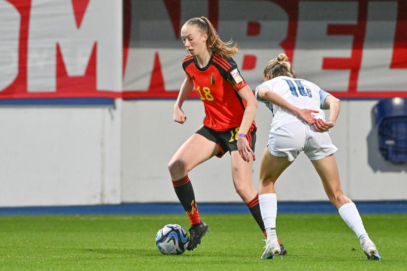 Belgium's Lisa Petry and Slovenian Kaja Erzen pictured in action during a friendly soccer match between Belgium's national women's team the Red Flames and Slovenia on Tuesday 11 April 2023 in Leuven. BELGA PHOTO DAVID CATRY