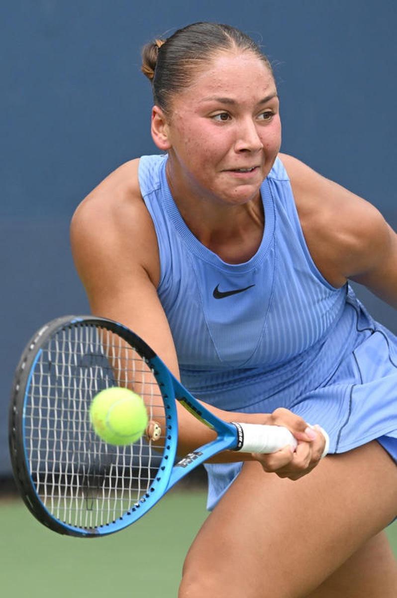 Sofia Costoulas of Belgium competes  against Katie Volynets of the United States during the Women's Qualifying Singles 1st round at the USTA Billie Jean King National Tennis Center in Flushing Meadow-Corona Park, in the Queens borough of New York, NY, August 18, 2025. (Photo by Anthony Behar/SipaUSA)