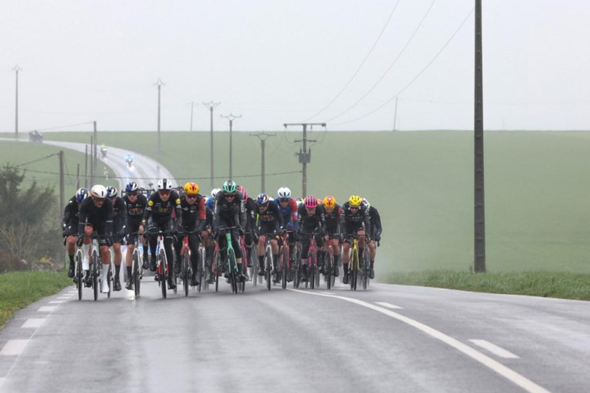 A group of riders cycle in a breakaway during the 4th stage of the Paris-Nice cycling race, 195 km between Bourges and Uchon, on March 11, 2026.  Anne-Christine POUJOULAT / AFP
