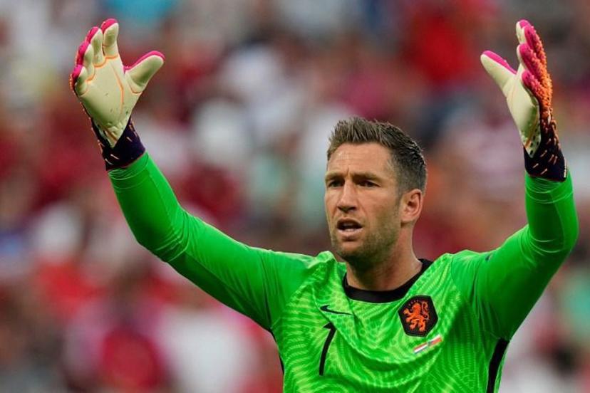Netherlands' goalkeeper Maarten Stekelenburg reacts during the UEFA EURO 2020 round of 16 football match between the Netherlands and the Czech Republic at Puskas Arena in Budapest on June 27, 2021.  Darko Bandic / POOL / AFP