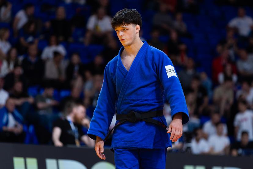 Belgian Noah Christiaens (blue gi) takes on Bosnian Vucurevic (not pictured) in a judo bout in the men's -90kg category, at the European Judo Championships in Podgorica, Montenegro, on Friday 25 April 2025. The tournament is taking place from 23 tot 27 April 2025. BELGA PHOTO NIKOLA KRISTC