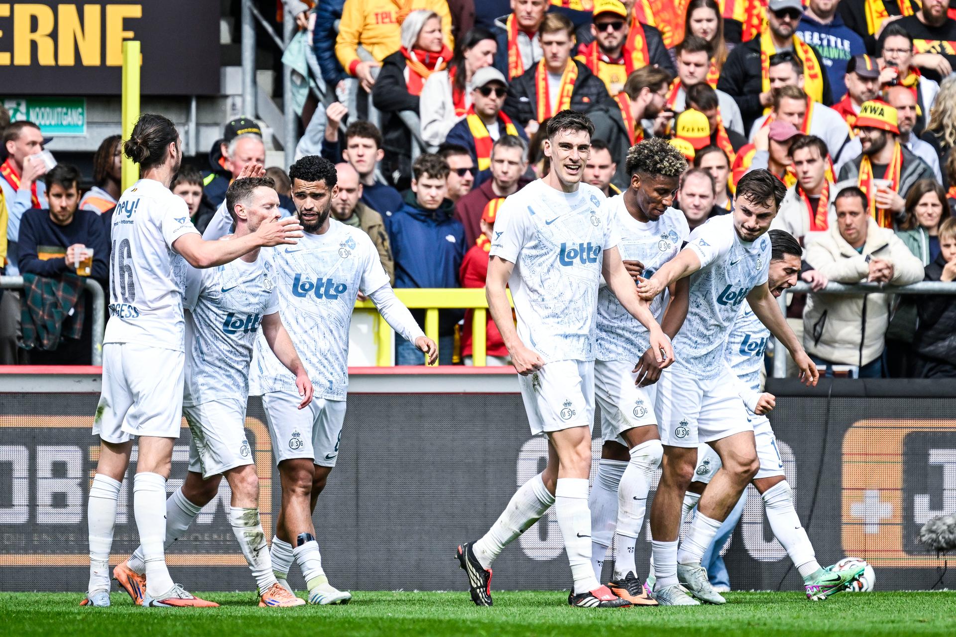 Union's Ross Sykes celebrates after scoring during a soccer match between KV Mechelen and Royale Union Saint-Gilloise, Sunday 12 April 2026 in Brussels, on the second day of the Champion's Play-offs (PO1) of the 2025-2026 'Jupiler Pro League' first division of the Belgian championship. BELGA PHOTO TOM GOYVAERTS