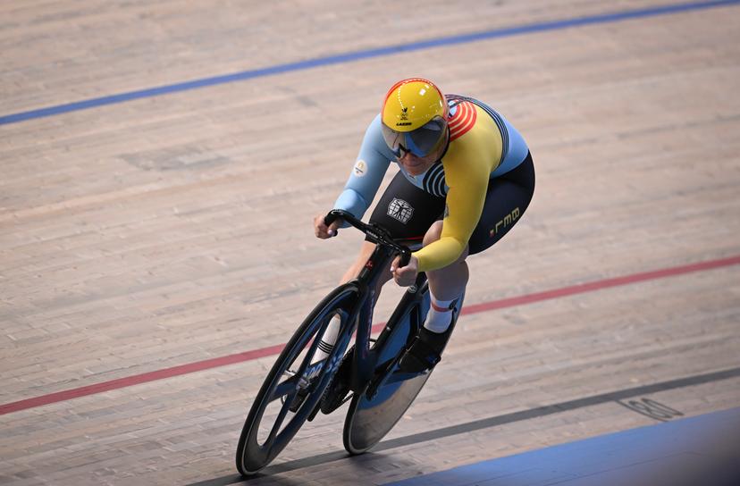 Belgian Nicky Degrendele pictured in action during a training session of track cyclists, during the media day at the Team Belgium Base Camp for track cycling and BMX, at the Sport Vlaanderen Heusden-Zolder Velodroom Limburg in Zolder, Saturday 20 July 2024, in preparation of the upcoming 2024 Paris Olympic Games. BELGA PHOTO JOHN THYS