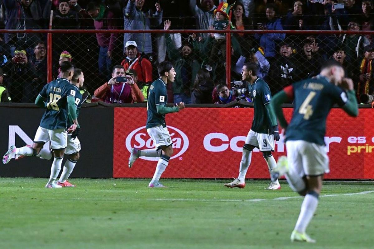 Bolivia's forward #07 Miguel Terceros (C) celebrates with his teammates after scoring his team's first goal during the 2026 FIFA World Cup South American qualifiers football match between Bolivia and Brazil, at the Municipal de El Alto stadium, in El Alto, La Paz department, Bolivia on September 9, 2025.   Daniel MIRANDA / AFP