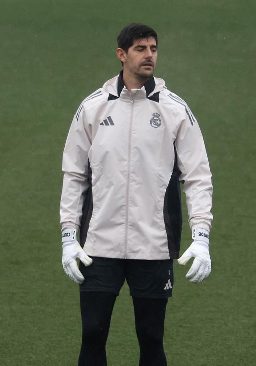 Real Madrid's Belgian goalkeeper #01 Thibaut Courtois attends a training session on the eve of the UEFA Champions League football match between Real Madrid CF and FC Salzburg at Real Madrid Sports City in Valdebebas, in the outskirts of Madrid, on January 21, 2025.  Pierre-Philippe MARCOU / AFP