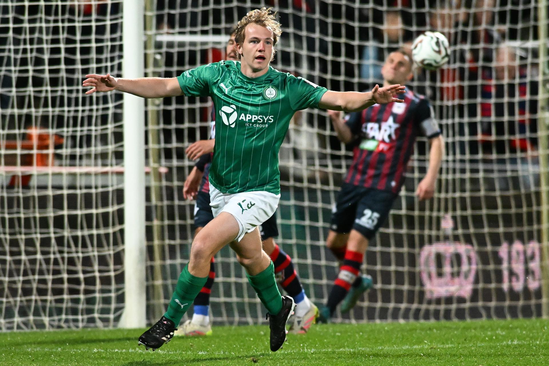 Lommel's Sam De Grand celebrates after scoring during a soccer game between Lommel SK and RFC Liege, Thursday 23 April 2026 in Lommel, on the first leg of the Semi-Finals of the Promotion Play-Offs of the 2025-2026 'Challenger Pro League' 1B second division of the Belgian championship. BELGA PHOTO JILL DELSAUX