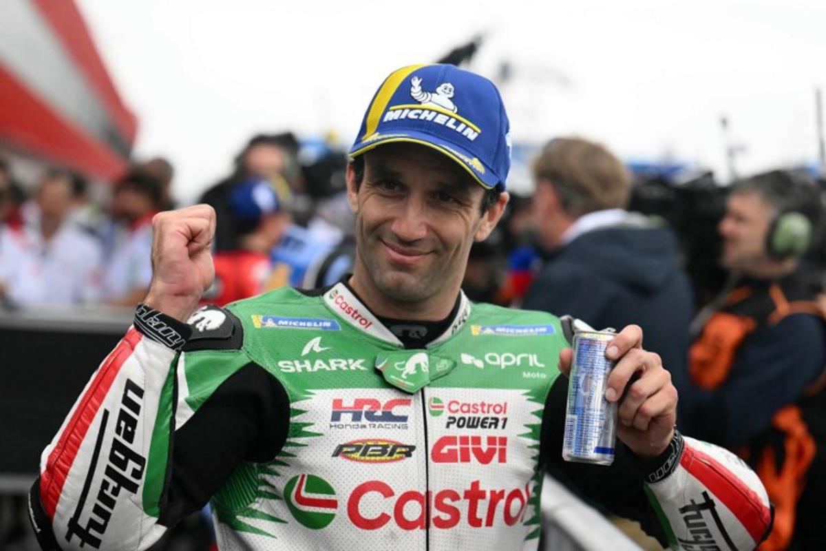 LCR Honda's French rider Johann Zarco celebrates his third place in the MotoGP Argentina Grand Prix qualifying session at the Termas de Rio Hondo circuit in Santiago del Estero, Argentina on March 15, 2025.  Luis ROBAYO / AFP