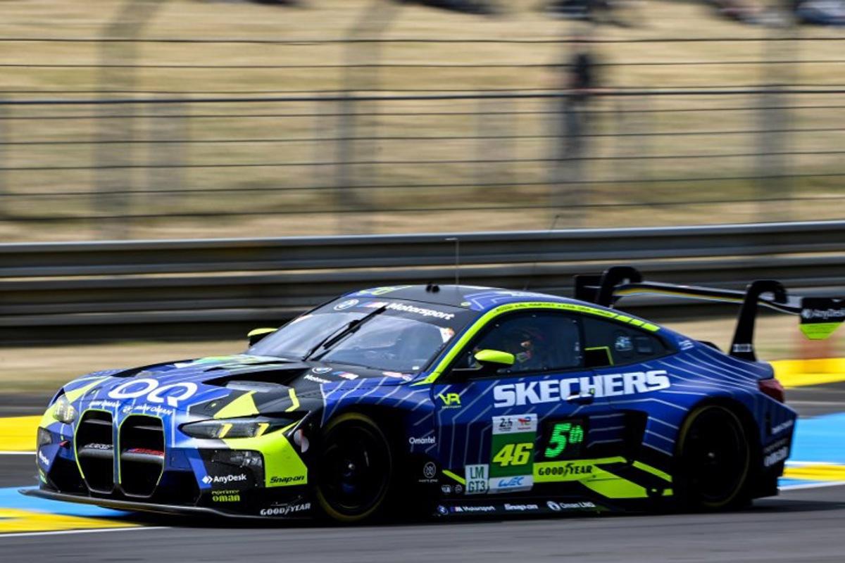 Italian former Moto GP champion Valentino Rossi steers his BMW WEC #46 during the test day of the 2025 24 Hours of Le Mans endurance race at Le Mans' circuit, northwestern France, on June 8, 2025.   JEAN-FRANCOIS MONIER / AFP