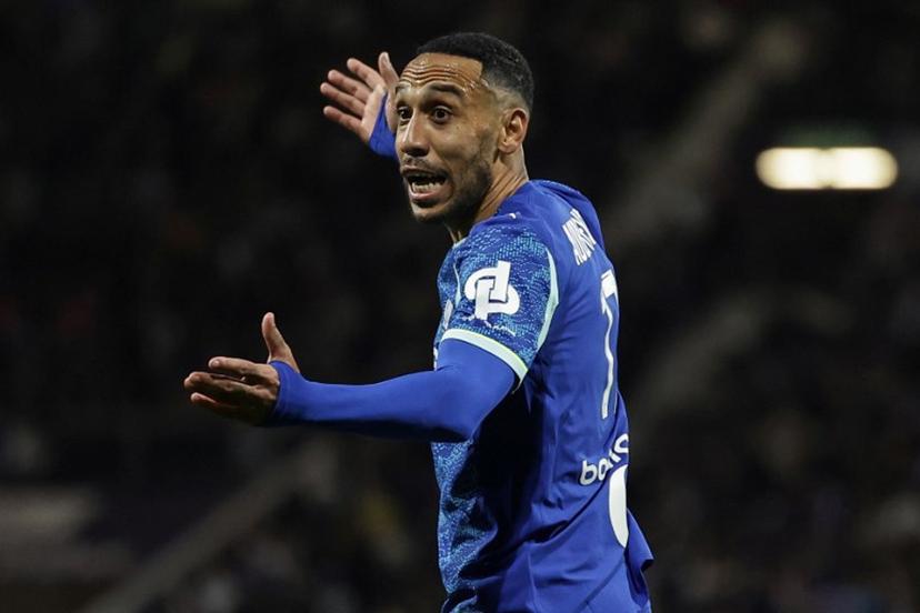 Marseille's Gabonese forward #17 Pierre-Emerick Aubameyang reacts during the French L1 football match between Toulouse FC and Olympique de Marseille (OM) at the TFC Stadium in Toulouse, southwestern France, on March 7, 2026.  Valentine CHAPUIS / AFP