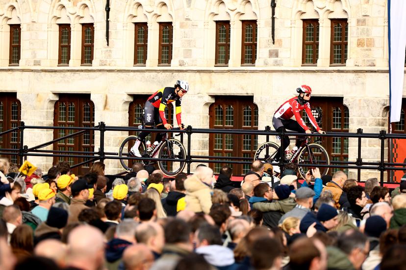 Belgian Arnaud De Lie of Lotto Cycling Team and Belgian Jenno Berckmoes of Lotto Cycling Team pictured at the start of the men elite 'Gent-Wevelgem - In Flanders Fields' one day cycling race, 250.3 km from Ieper to Wevelgem, Sunday 30 March 2025. BELGA PHOTO DAVID PINTENS