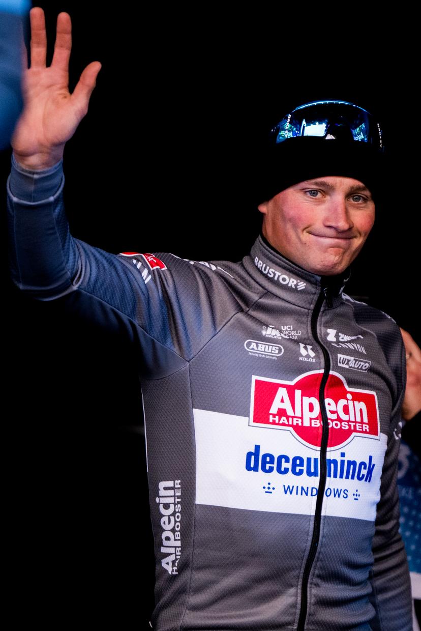 Dutch Mathieu van der Poel of Alpecin-Deceuninck celebrates on the podium after winning the 'E3 Saxo Bank Classic' one day cycling race, 208,8 km from and to Harelbeke, on Friday 28 March 2025. BELGA PHOTO JASPER JACOBS