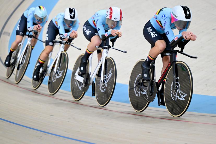 Belgian Lotte Kopecky, Belgian Katrijn De Clercq, Belgian Luca Vierstraete and Belgian Helene Hesters pictured in action during the women's Team Pursuit qualifications at the first day of the 2026 UEC Track Elite European Championships, in Konya, Turkey, Sunday 01 February 2026. The European Championships take place from 01 to 05 February 2026. BELGA PHOTO DIRK WAEM